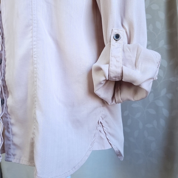 Prana Alda Relaxed Fit Button Down Roll Tab Slub Denim Top Dovetail Beige Large - Picture 8 of 16